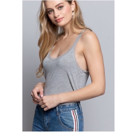 POL Deep Scoop Lace Trim Rayon Long Line Tank Top in dove gray - Picture 2 of 5